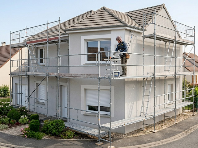 Artisan peintre sur un échafaudage réalisant le ravalement de façade d'une maison